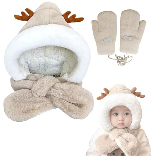 FOSDICK 2 en 1 Bonnet et Écharpe Enfant, Chapeau Hiver Bébé avec Gants et Tour de Cou - Pour Garçon et Fille de 1 à 4 Ans