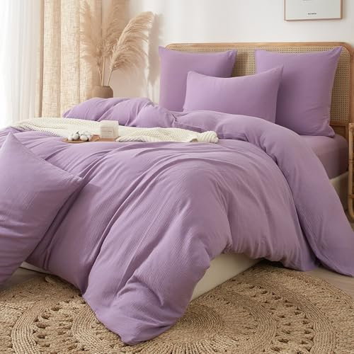 DXHOME Ropa de cama de 135 x 200 cm, muselina de algodón, lila, suave, acogedora, verano, 100% algodón, juego de ropa de cama suave y transpirable, funda nórdica con cremallera + 1 funda de almohada