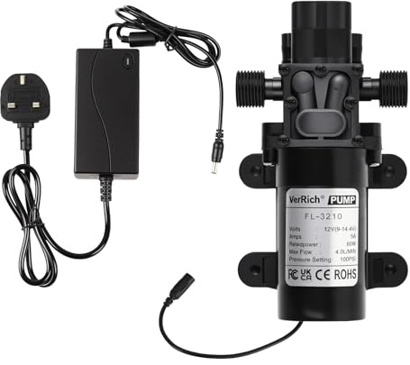 VerRich DC 12 V vattenpump med strömförsörjningsadapter 100 PSI 7 bar membranpump Inbyggd tryckbrytare 4 l/min 1 GPM 20 mm G1/2-kontakt för vattenkranar, husbil, husvagn