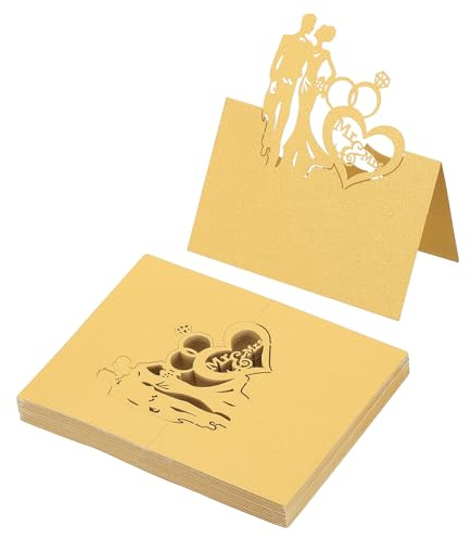PATIKIL 50Pz Segnaposto per Matrimonio, Cartellini Segnaposto Comunione Eleganti Forma Tenda Cavi Traforati Laser Pieghevole per Allestimento Tavolo Buffet Ricevimento, Oro