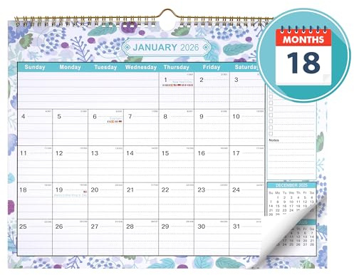 JIANTA Calendario da Muro 2026-2027, Calendari per Parete 18 Mesi da Gennaio 2026 a Giugno 2027, Calendario con Adesivi per Appendere, Fiore