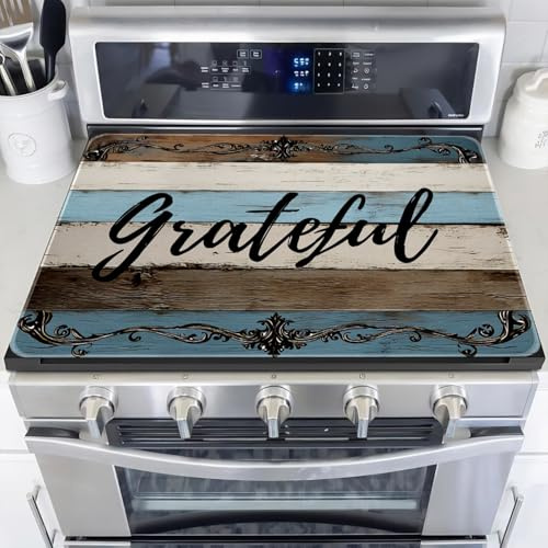 Grateful Stove Top Cover for Electric Stove, Imitation Wood Pattern Range Covers, Blue White Funny Range Top Mats, Glass Cooktop Covers 28x20 inch, Vintage Cooktop Cover for Kitchen Home Decor