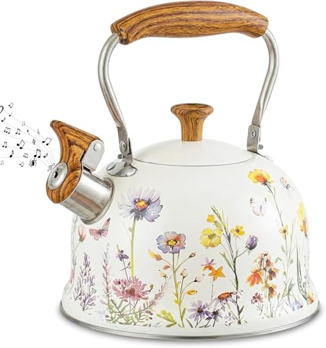 Stove Top Kettle，3L Vintage Floral Whistling Kettle Stainless Steel for Gas Stoves, Anti-Hot Handle Induction Kettle, Fast Boil Camping Kettle for Tea and Coffee