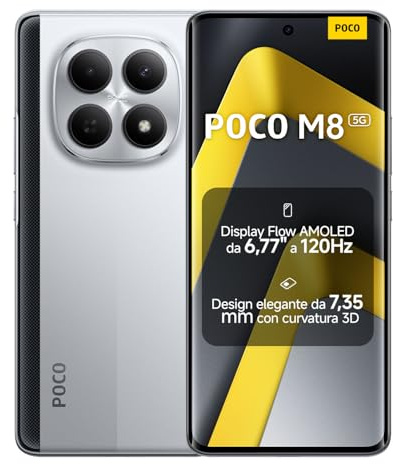 XIAOMI POCO M8, Smartphone 8+512 GB, 6.77 120Hz FIoW AMOLED Display, Snapdragon® 6 Gen 3, 50MP AI Dual Camera System, 7.35mm Sleek 3D-Curved Design, Silver, Warranty 2 years, Charger Not Included