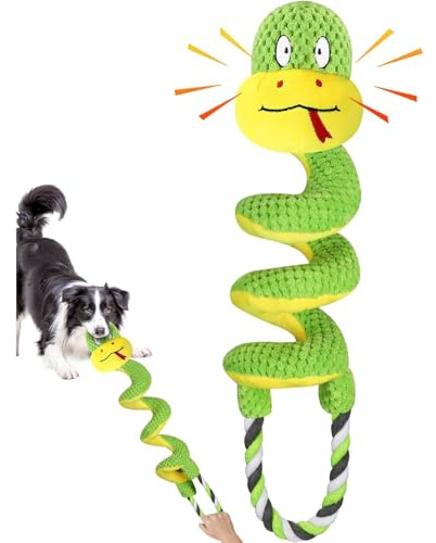 Speedy Panther Plush Squeaky Dog Toy for Small Medium Large Dogs, Snake Soft Puppy Chew Toys, Tug of War Toy with Rope, Green