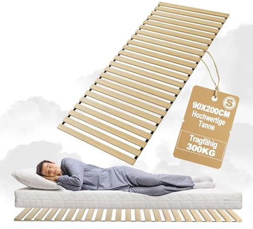 YUENFONG Lattenrost Rollrost Rolllattenrost mit 23 Leisten, 90x200cm Rolllattenrost Faltbare Lattenroste inkl. Schwarz Gummiband, belastbar bis 300 kg, für alle Matratzentypen