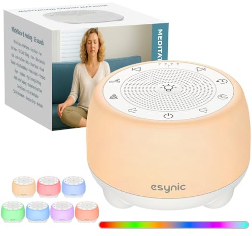 eSynic Portable Tibetan Singing Bowl Electronic-38 Sounds Rechargeable White Noise Machine with 7 Lights & 30h playback-15-90 Minutes Timer-Premium 3D Audio-for Meditation Yoga Sleep Stress Relief