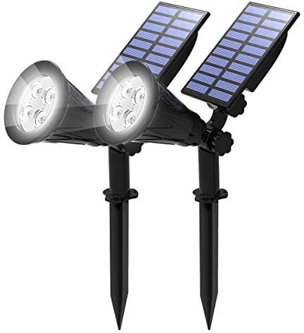 T-SUN [2 Pack LED Solaire Projecteur, Lampe Solaire de 4 LED, Étanche Extérieur Lampe Jardin,Éclairage de Sécurité Paysage Lumière pour Chrismas Arbre, Clôture, Patio, Fête.(Blanc Froid 6000K)