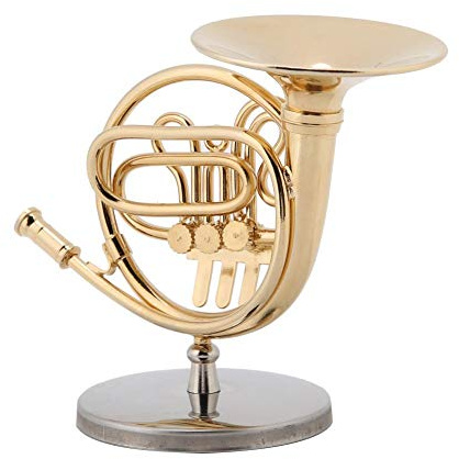 Walfront 4in Mini Golden French Horn Model Musical Instrument with Stand Miniature Desk Decor Display Musical Instrument Gift