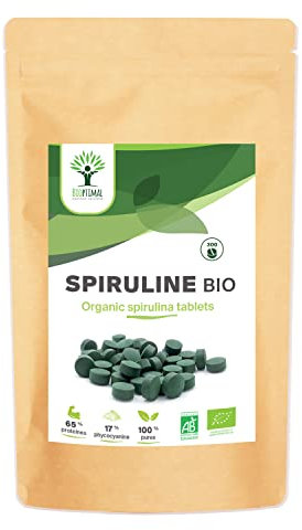 Spiruline Bio - Bioptimal - Complément alimentaire - BCAA Fer Vitamine A - 65% de Protéine - 17% de Phycocyanine - 500 mg/comprimé - Conditionnée en France - Certification Ecocert - 300 comprimés