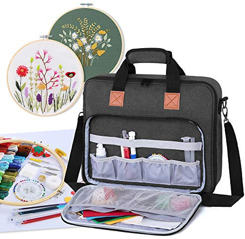 Luxja Tasche für Stickerei Set, Kreuzstich Zubehör Tasche, Stickerei Tasche für Stickrahmen, Farbfäden, Stickgarn und andere Stickerei kit, Schwarz