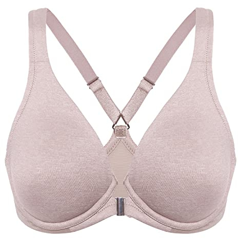 DELIMIRA Women's Front Closure Full Coverage Bras Plus Size Underwire Racerback Supportive Plunge Unlined Bra Cameo Heather 34F