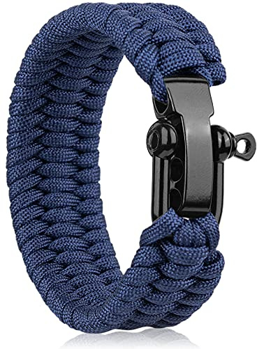 Oadnfa Survival Bracelet,Tactical Paracord Bracelet with Forged Stainless Steel U-Type Shackle Connection Three Holes Adjustable,Bearable 550 lb Disassembled Parachute Rope for Emergency (Blue)