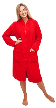 ALLEN & MATE 100% COTTON Adult Towelling Bathrobe with Zipper, Dressing Gown Hooded Bath Towel for Men & Women (M, Red)