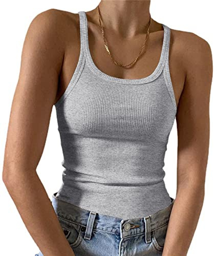 Artfish Women's Sleeveless Full Tank Top Form Fitting Scoop Neck Ribbed Knit Basic Tight Fitted Cami Heather Grey M