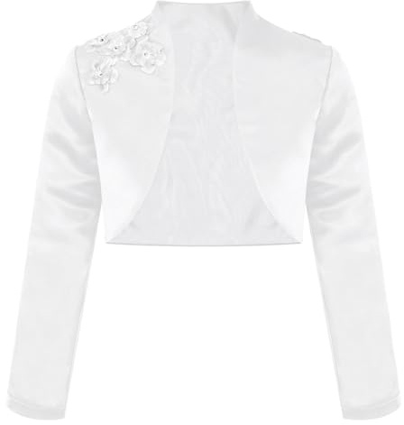 Oyolan Kids Girls Satin Bolero Shrug Open Front Cardigan Long Sleeves Short Jacket Formal Coat Flower Girl Dress Cover Up White 15-16 Years