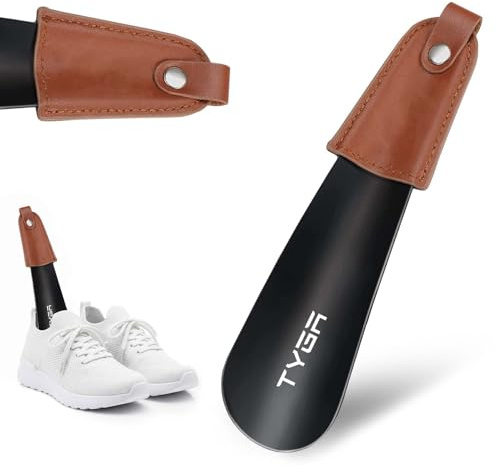 TYGA STORE Metal Shoe Horn - Short 17cm Shoehorn Lazy Shoe Helper, Small Shoe Horns With Leather Handle Strap, For Men, Women and Kids (Black, 1)