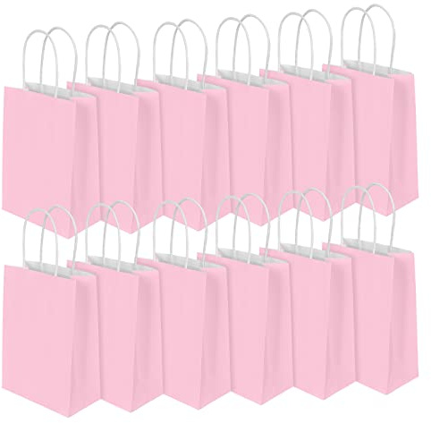12 PCS Paper Party Bags, Pink Gift Bags, Small Paper Party Bags with Twist Handles, Birthday Gift Bag, Paper Bags for Wedding, Birthday, Party (150x80x210mm)