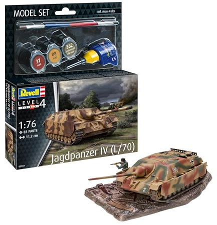 Revell Model Set 63359 Jagdpanzer IV (L/70) 1:76 Scale Unbuilt/Unpainted Plastic Model Kit with Contacta Professional Glue, Paintbrush & Selected Aqua Color Paints