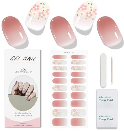 JMEOWIO Gel Nail Stickers Pink Flower Semi Cured Gel Nail Strips Wraps UV/LED Nails Art Design Decoration Accessories