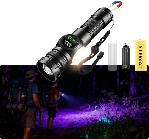 iodoo 4 in 1 Rechargeable 6500K / 395nm UV Flashlight Dimming Stepless True 5000 Lumens IP45 Zoomable Beam UV Light, 5000mAh Halloween LED Flash Light with Magnet Power Failure