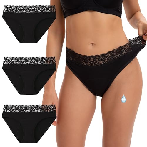 INNERSY Underbyxor Menstruationscykel Lättflöde Trosor Kvinnor Bomull Medium Midja Underkläder Spets 3-pack, 3 svart, L