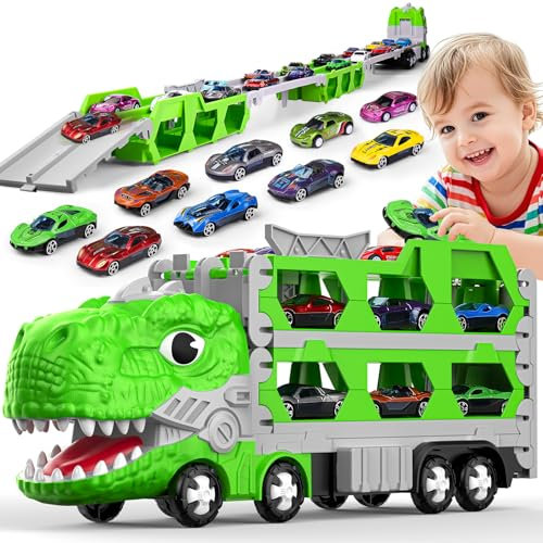 maysida Dino Transporter Truck mit 6 Autos für Jungen von 3 4 5 6 7 Jahren, Dinosaurier Transport Trucks Spielzeugautos-Ejection Folding Dinosaur Race Track Truck Toy Car mit 170cm Rennstrecke