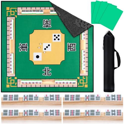 Breling Mahjong Mat Kit for Table Include Non Slip Noise Reduction Gaming Green Mat 31.5 Wooden Mahjong Tiles Tray Tile Mixer with Bag for Poker Card Game Dominoes