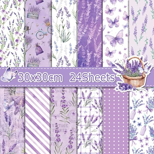 24 fogli di carta per scrapbook con motivo lavanda e farfalla, 12 tipi di fiori viola, carta decorativa double face, per origami e giornali, carta motivata, album fotografici, fai da te, 30 x 30 cm