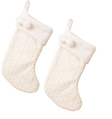 Wrenmor 2-Pack Cozy Knit Christmas Stockings Wool Holiday Fireplace Hanging Socks In Red Green White For Home Festive Decoration(White)