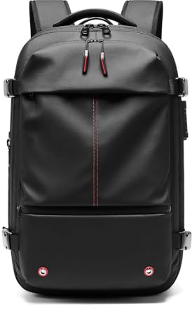 Brrnoo Vacuum Seal Compression Travel Backpack 25L to 60L Expandable Rainproof with Laptop Compartment Anti Theft Lock and Trolley Strap for Business Travel (Black)
