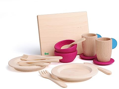Erzi 10679 Geschirrset aus Holz, Kinderküche, Kaufladenartikel für Kinder, Rollenspiele
