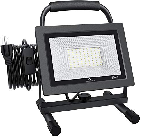 GLORIOUS-LITE 50W LED Work Light, 5000LM LED Flood Lights, 400W Equivalent, IP66 Waterproof, 16ft 5m Cord with Plug, 6500K, Adjustable Working Lights for Workshop Garage, Construction Site