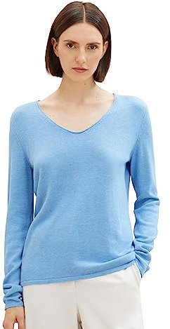 TOM TAILOR Damen Basic Strickpullover mit V-Ausschnitt, 15584 - Sea Blue Melange, XXL