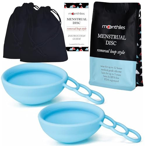 MOONTHLIES Reusable Menstrual Disc | Period Disc with Removal Loop Stem | Alternative to Menstrual Cups for Light or Heavy Flows | Sustainable Alternative to Tampons/Pads (Blue, Set of 2 Small)