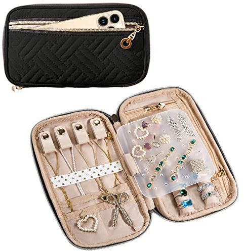 SFYBYHEART Reise-Schmuck-Organizer-Etui, Schmuck-Reisetaschen für Damen, kleines Reise-Schmucketui für verhedderungsfreie Ohrringe, Halsketten, Ringe, Reisezubehör, Schwarz