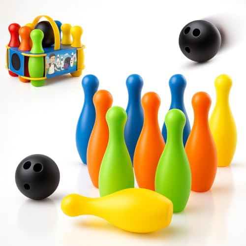 Xwin Kids Bowling Set with 10 Pins 2 Balls and Carry Case, Colourful Skittles Game Indoor Activity Toy, Early Educational Bowling Game Sports Gift Set for Children 3+ Years