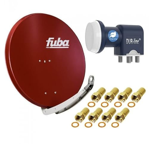 Satellitenschüssel Komplettset 4 Teilnehmer - Stromspar-Set | Fuba DAA 850 R Satellitenschüssel 85cm Alu rot + DUR-line Blue Eco Quad LNB 4 Teilnehmer (stromsparend, DVB-S2, HDTV, UHD 4K/8K, 3D)