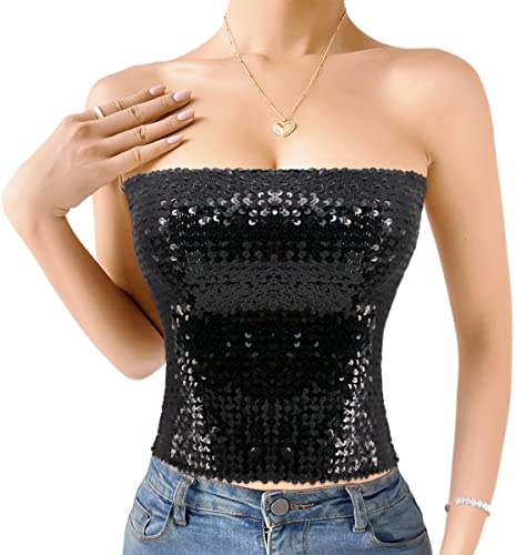 Naimo Haut court à paillettes pour femme, sans manches, épaules dénudées, sexy, sans bretelles, bustier, haut rave