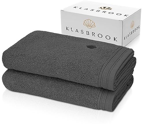 KLASBROOK® Linnea 2 teiliges Luxus Handtücher Set Anthrazit, extra flauschig und saugfähig aus 100% Baumwolle Oeko-TEX 100 Zertifiziert mit Aufhänger, 2 Badetücher 70x140