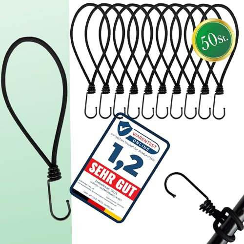 Jagano® Gummispanner mit Haken – 18 cm Spanngummis, 50 Stück – Elastische Expanderseile für Plane, Netz, Banner & Outdoor – Reißfest & wetterbeständig – Schwarz