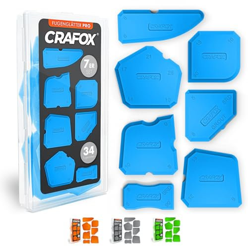 CRAFOX® Fugenglätter 7er SET BLAU | Extra große Silikon Abzieher mit 34 Fugenformen | Fugenabzieher inkl. Aufbewahrungsbox | Acryl & Silikonabzieher | Glätter - Spachtel - Werkzeug für perfekte Fugen