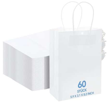 60 Stück Papiertüten mit Griff Weiß, 15 x 8 x 21 cm Papiertragetaschen Klein Kraftpapiertüten Geschenktüten Klein mit Griff für Geburtstag Hochzeit Babyparty Taufe Jubiläum Party DIY