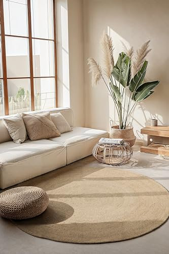 Hanse Home Jute Teppich Rangpur Rund – Natur Wohnzimmerteppich - Handgewebt & Natürlich – Boho Naturfaser Juteteppich für Wohnzimmer, Schlafzimmer, Esszimmer, Flur, Küche – Natur Weiß, 140cm