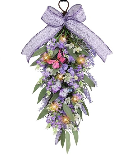 Jusdreen LED Teardrop Floral Wreath with Butterflies, Faux Lavender Hanging Decor with Lights for Farmhouse Home