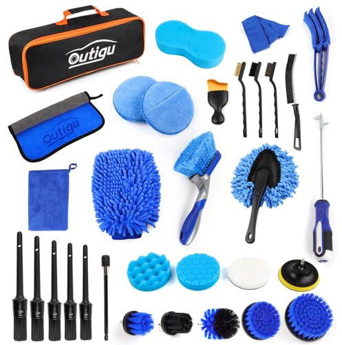Outigu Kit di pulizia per auto, spazzola per dettagli auto, spazzola per trapano, set per lavaggio auto, spazzola per ruote auto, spazzola per la rimozione della polvere, per interni ed esterni