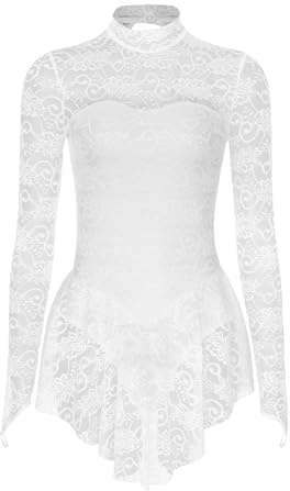 inlzdz Femme Robe Danse Classique en Dentelle Florale Robe Ballet Col Roulé Manche Longues Justaucorps Gymnastique Sport Yoga Body Bodysuit Patinage Concours