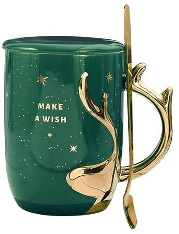 MIGIFTDY Julkaffemugg med sked jul kaffemugg dam elegant kaffemugg julmugg med lock 400 ml temugg för julfest (grön)