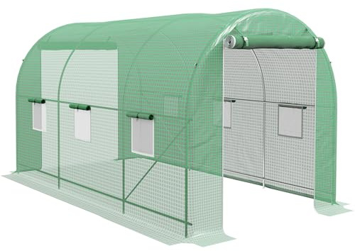 Outsunny Invernadero de Túnel 400x200x205 cm Invernadero de Jardín con Puerta Enrollable y 6 Ventanas Cubierta PE 140 g/m² Marco de Metal para Cultivo Plantas Verduras Verde