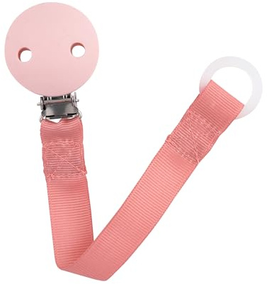 babynova Catenella portaciuccio con cinturino in tessuto, clip e anello in silicone – Portaciuccio per neonati – Adatto a qualsiasi ciuccio – Essenziale per neonati – Senza BPA – Rosa